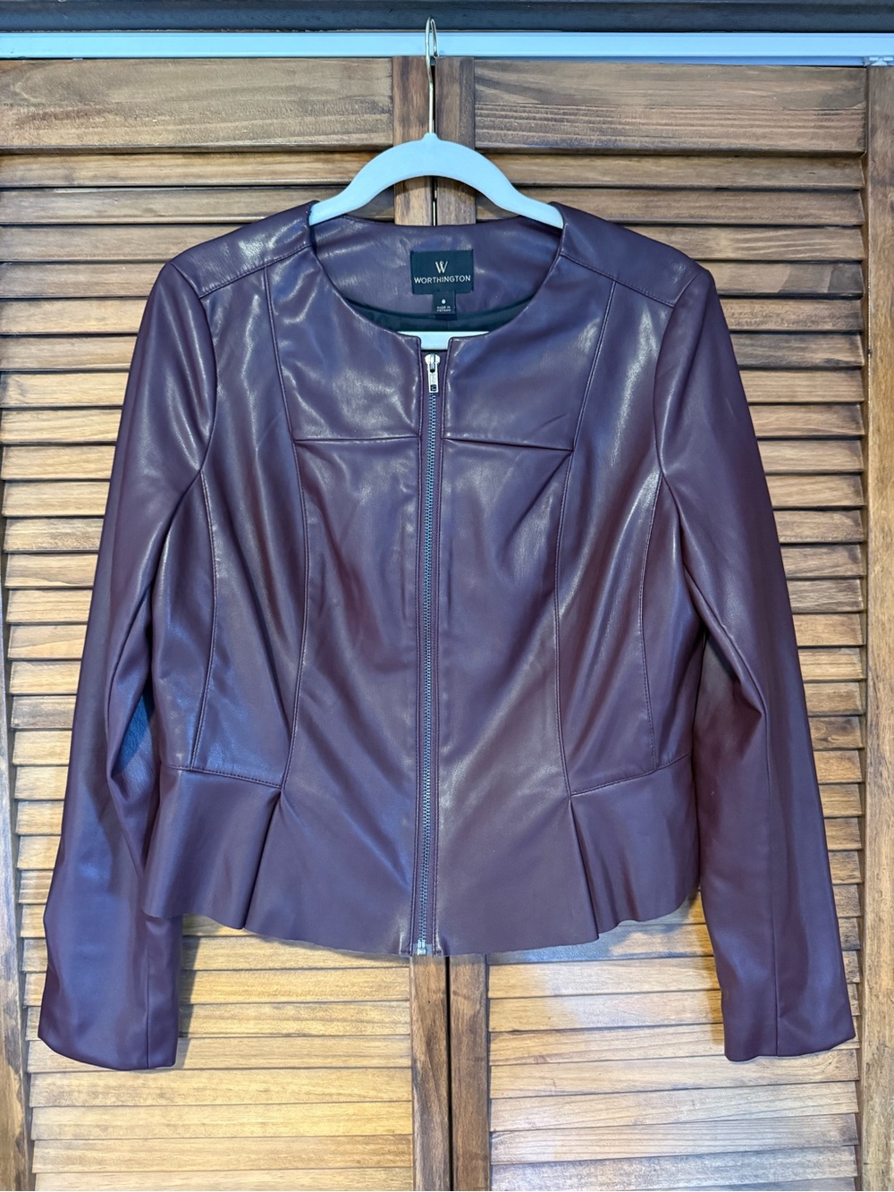 Worthington Burgundy Faux Leather Peplum Jacket Size 8